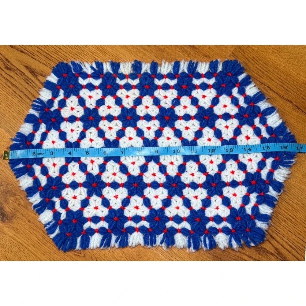 Vintage Handmade Crochet Loom Knit Placemats Blue Red White Geometric Patriotic